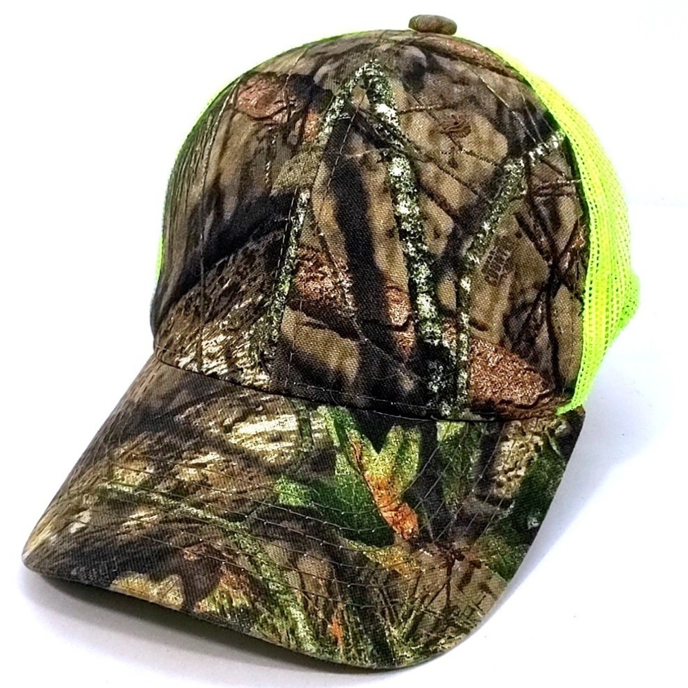 Port Authority Mossy Oak Camo Cap Neon Yellow Mesh Back Trucker Hunting Hat Adj
